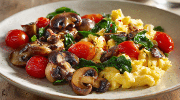 Colorful Scrambled Eggs with Mushrooms, Spinach & Tomatoes hero shot