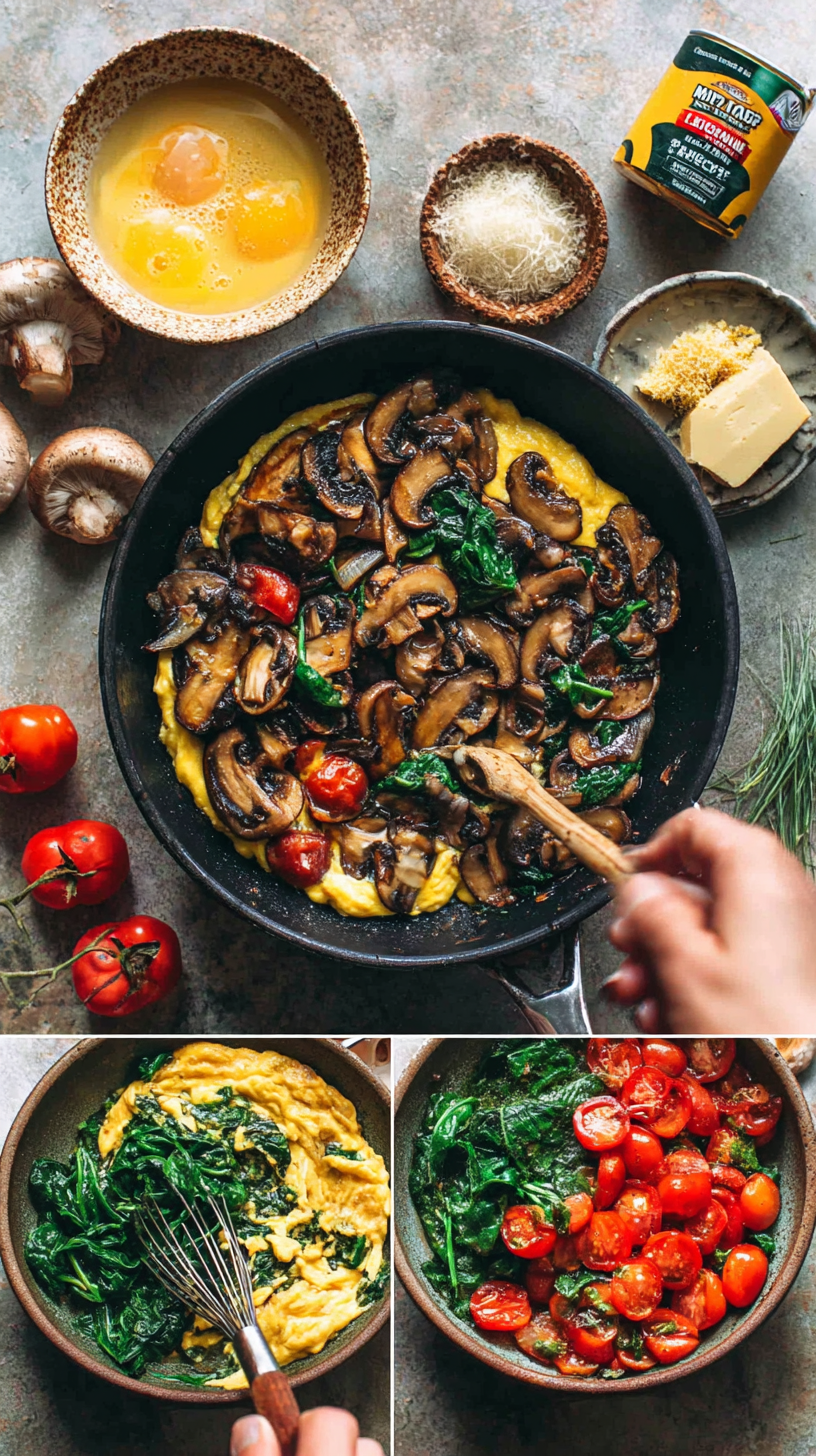 Preparing Colorful Scrambled Eggs with Mushrooms, Spinach & Tomatoes step by step cooking process