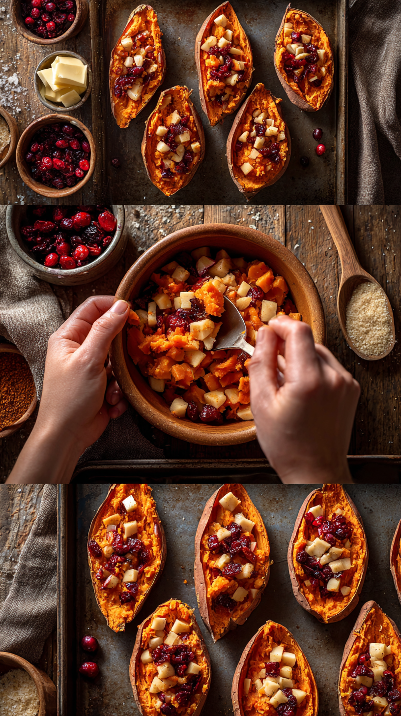 Preparing Cranberry Apple Twice-Baked Sweet Potatoes step by step cooking process