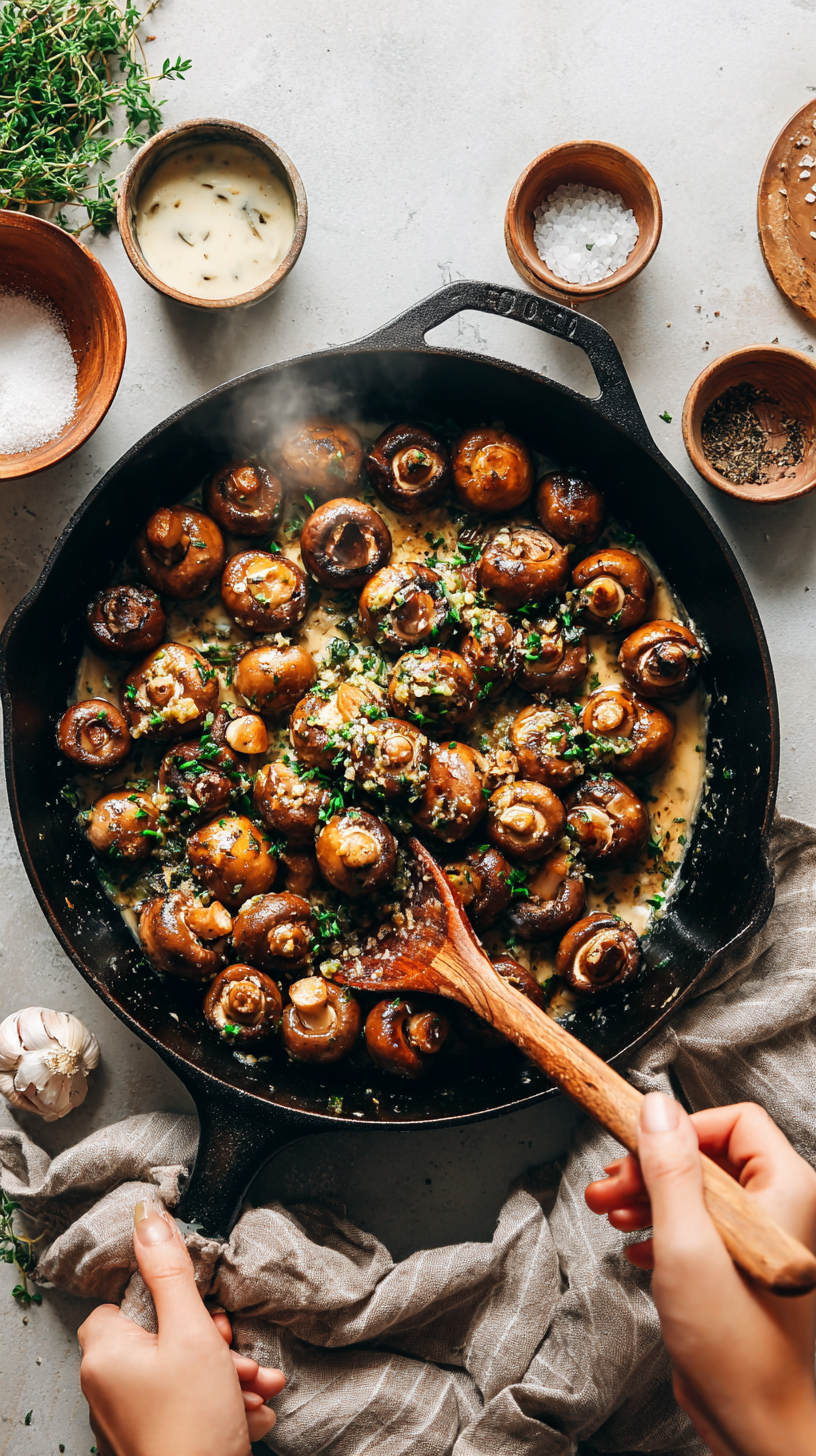 Preparing Creamy Roasted Garlic Mushroom One-Pot step by step cooking process