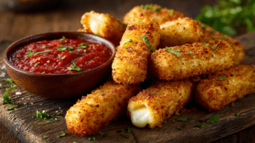 Crispy homemade mozzarella stick hero shot with marinara sauce