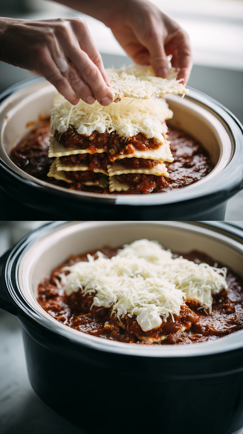 Preparing Crockpot Ravioli Lasagna step by step cooking process