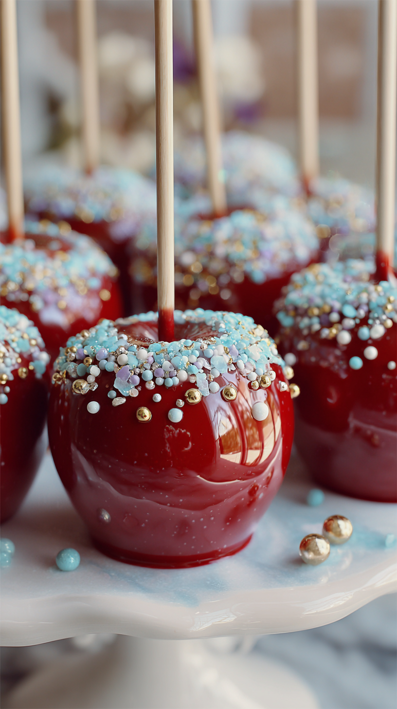 Frosty Wonderland Candy Apples being served on beautiful dinnerware