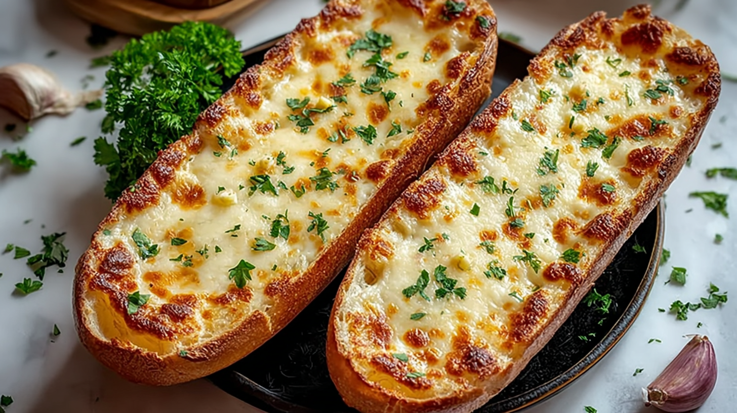 Gooey Garlic Cheese Bread hero shot with golden-brown cheese and crispy crust