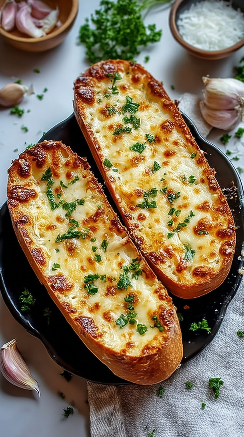 Gooey Garlic Cheese Bread being served on beautiful dinnerware