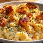 Delicious Honey Pepper Chicken Mac and Cheese with crispy bacon and basil garnish