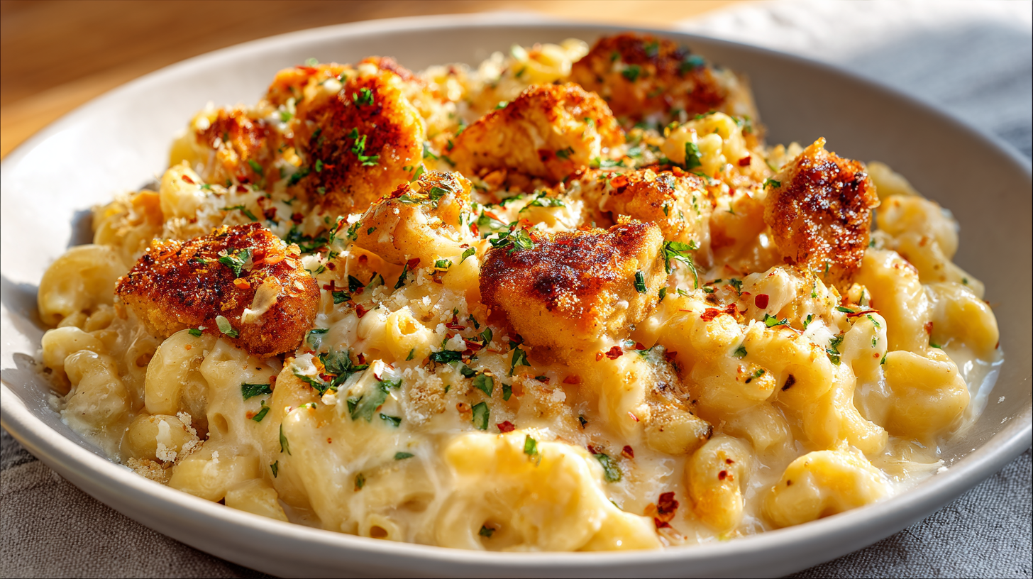 Delicious Honey Pepper Chicken Mac and Cheese with crispy bacon and basil garnish