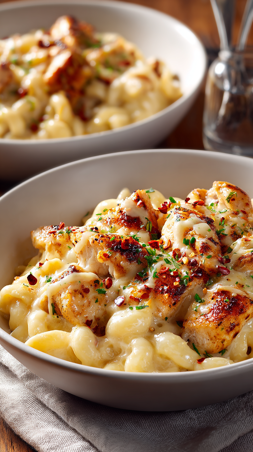 Honey Pepper Chicken Mac and Cheese being served on beautiful dinnerware