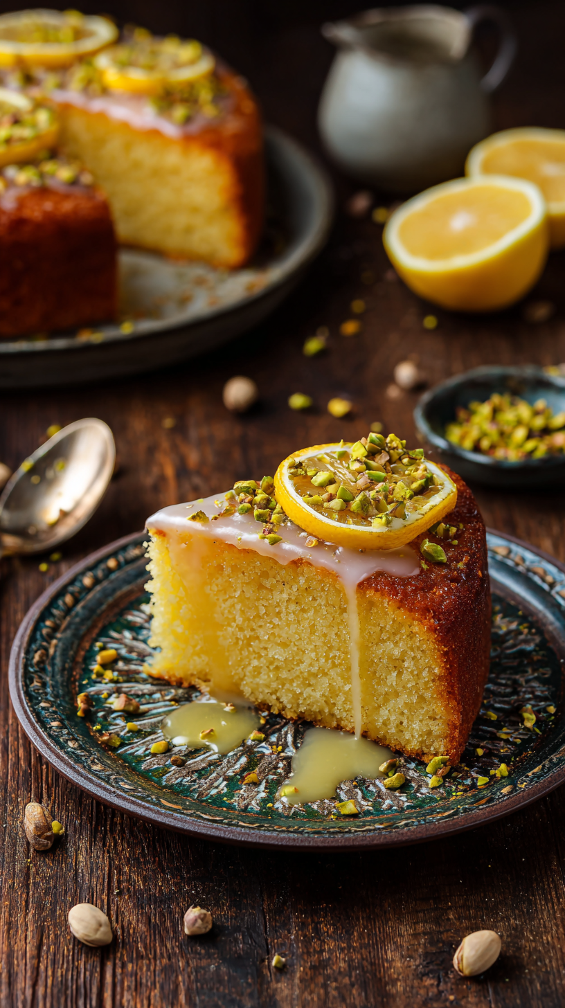 Lemon Pistachio Milk Cake being served on beautiful dinnerware
