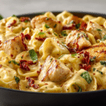 Marry Me Chicken Tortellini hero shot with creamy sauce and sun-dried tomatoes