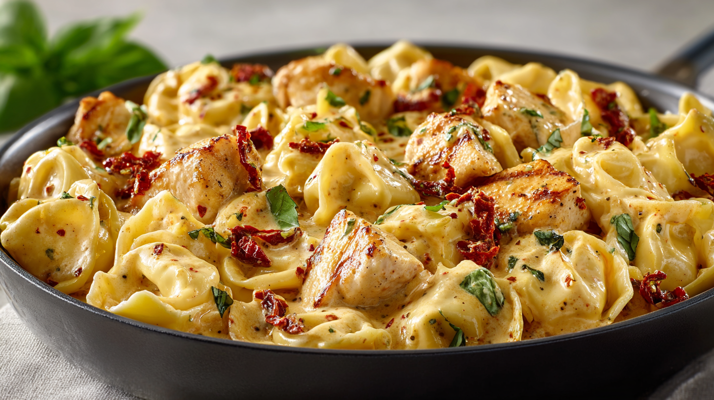 Marry Me Chicken Tortellini hero shot with creamy sauce and sun-dried tomatoes