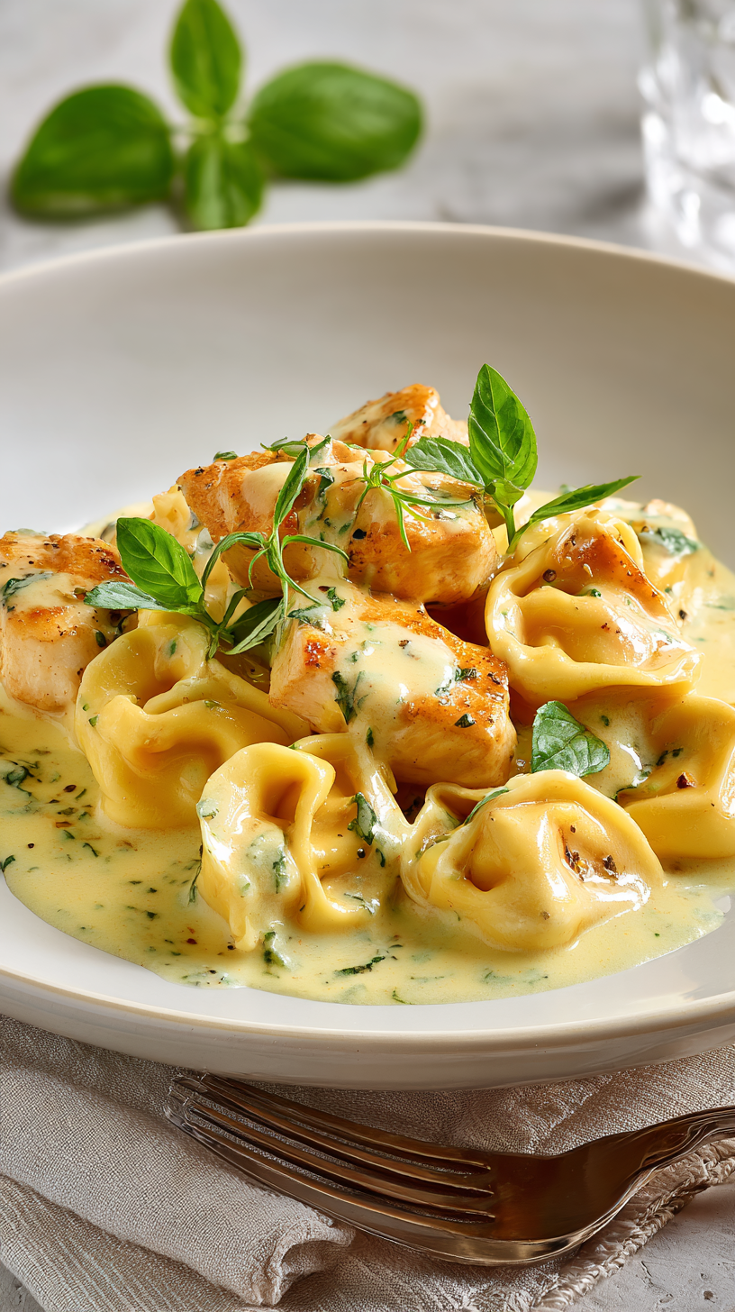 Marry Me Chicken Tortellini being served on beautiful dinnerware