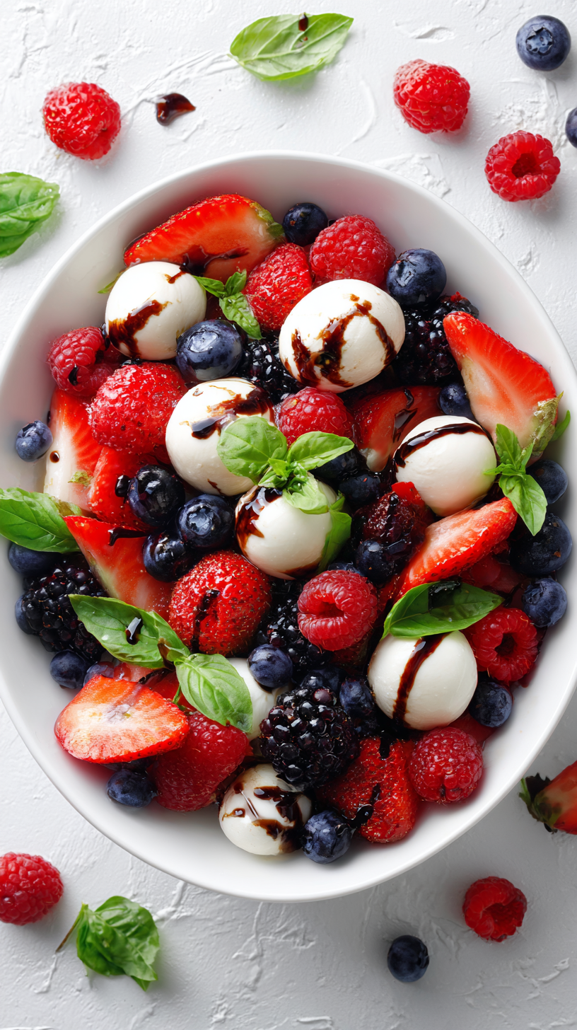 Mixed Berry Caprese Salad being served on beautiful dinnerware