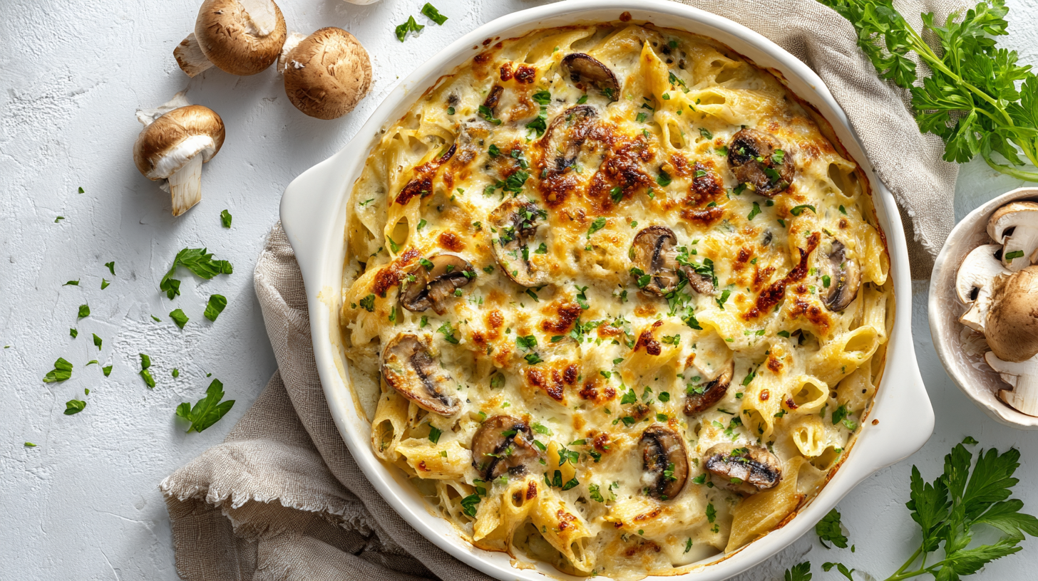 Mushroom Pasta Bake with golden cheese and creamy mushrooms