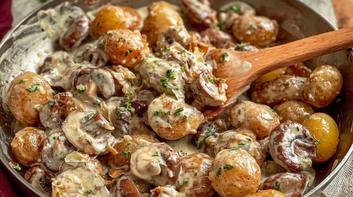 Hero shot of mushroom potato with creamy parmesan