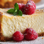 New York Style Cheesecake hero shot with golden crust and creamy top