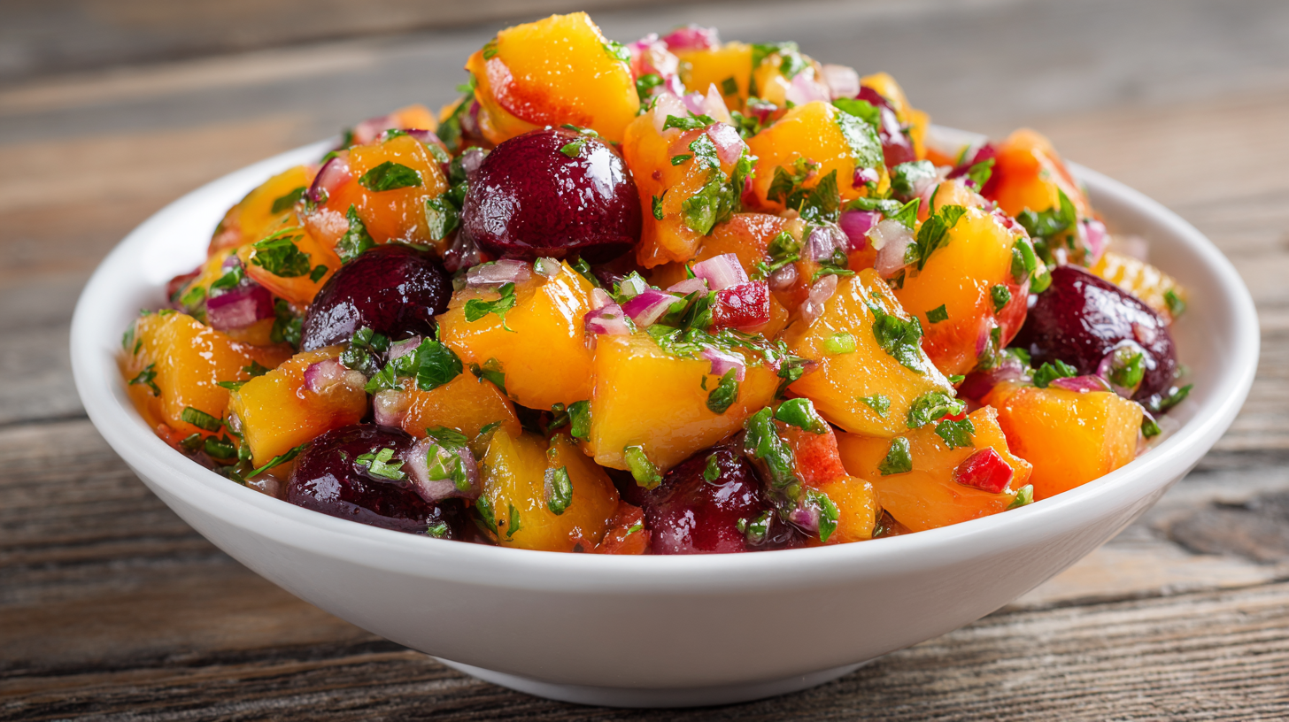 Peach Cherry Salsa hero shot with vibrant colors and fresh ingredients