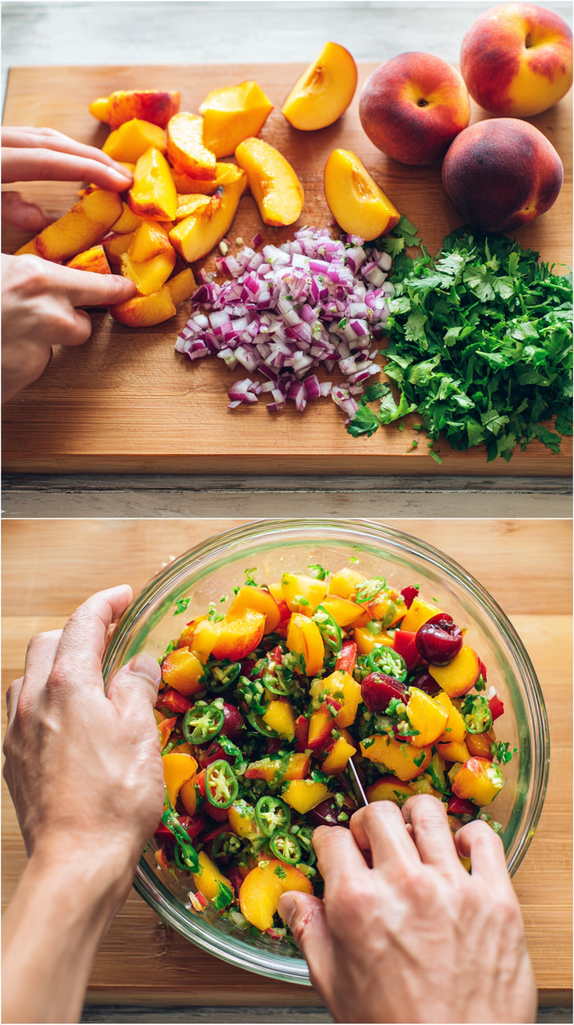 Preparing Peach Cherry Salsa step by step cooking process