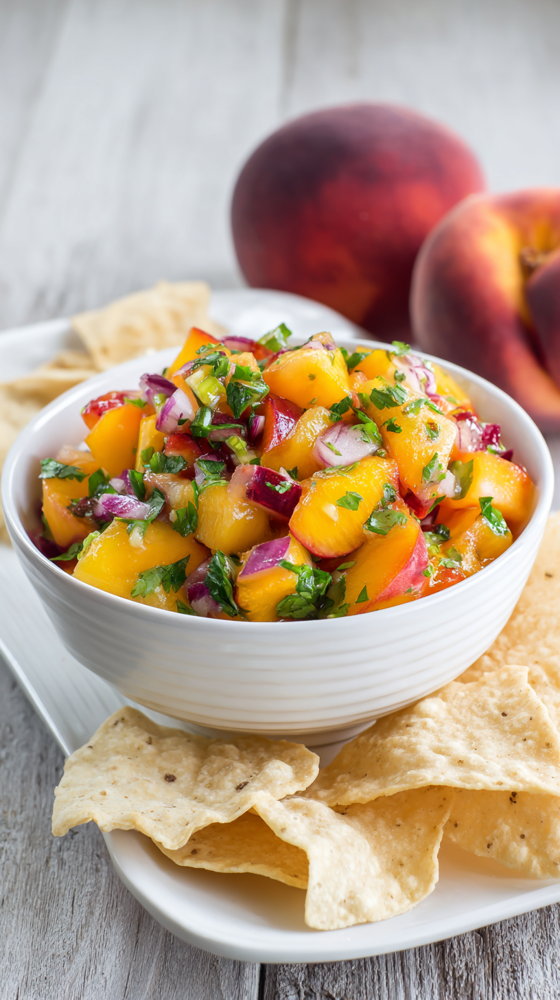 Peach Cherry Salsa being served on beautiful dinnerware