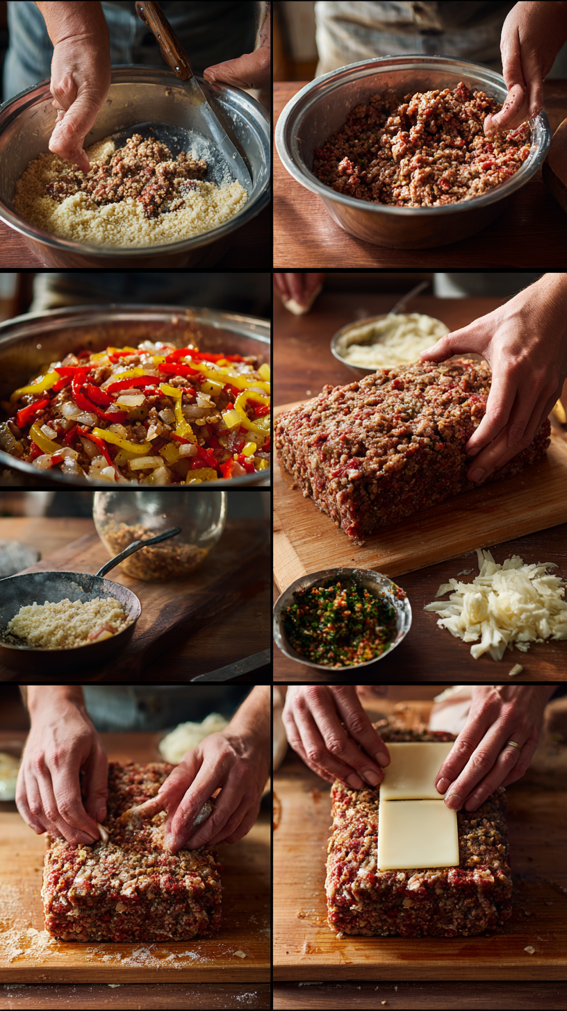Preparing Philly Cheesesteak Meatloaf step by step cooking process