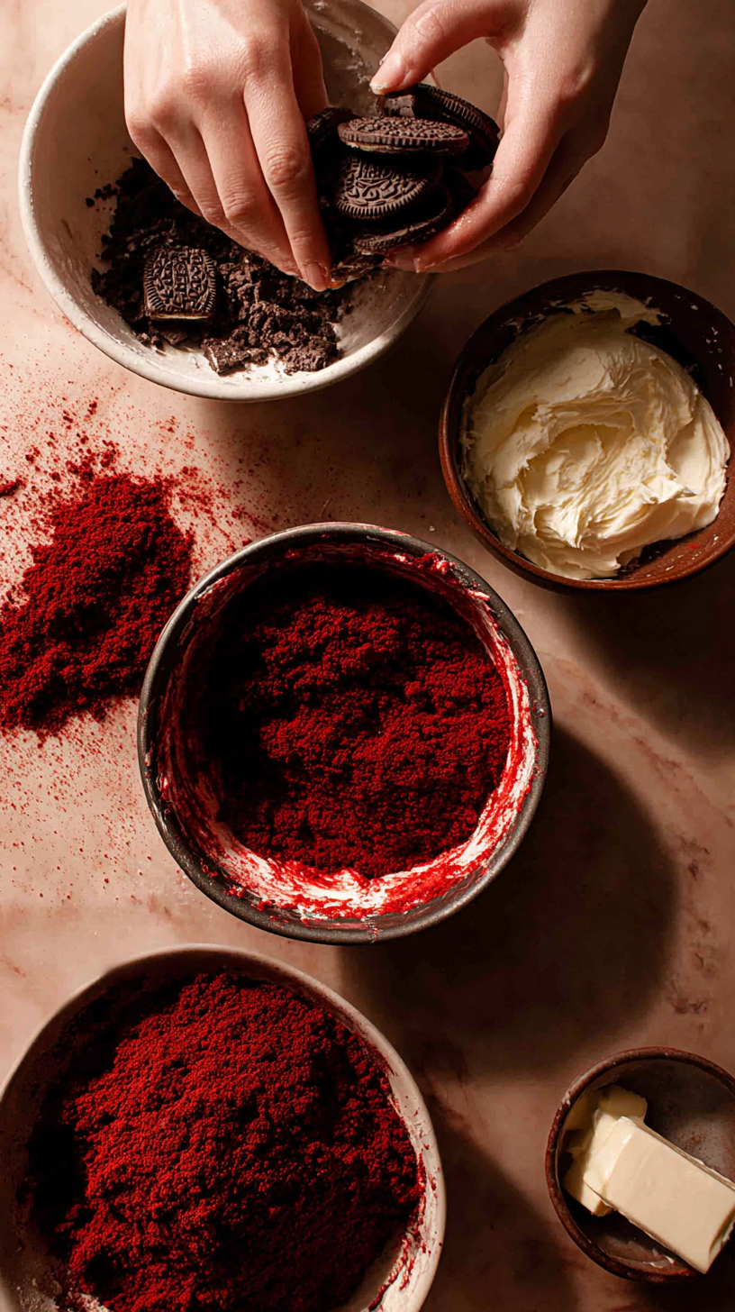 Preparing Red Velvet Oreo Cheesecake step by step cooking process