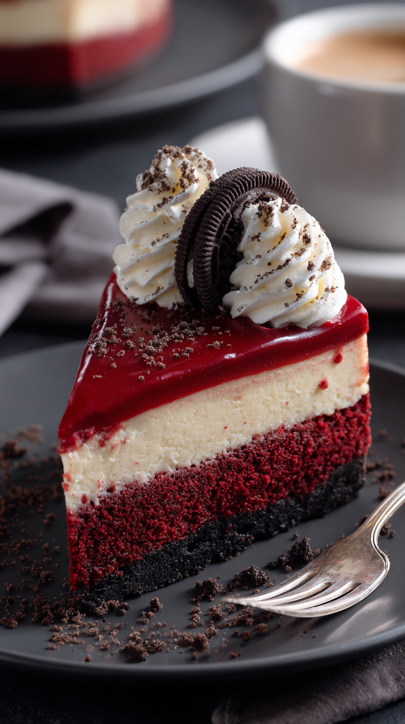 Red Velvet Oreo Cheesecake being served on beautiful dinnerware