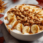 Salted Caramel Banana Yogurt Bowl hero shot with all ingredients visible