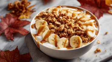 Salted Caramel Banana Yogurt Bowl hero shot with all ingredients visible