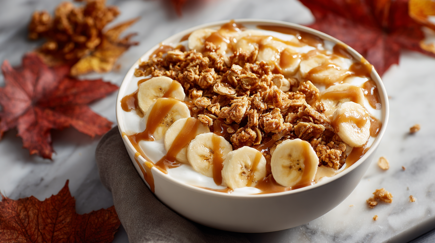 Salted Caramel Banana Yogurt Bowl hero shot with all ingredients visible