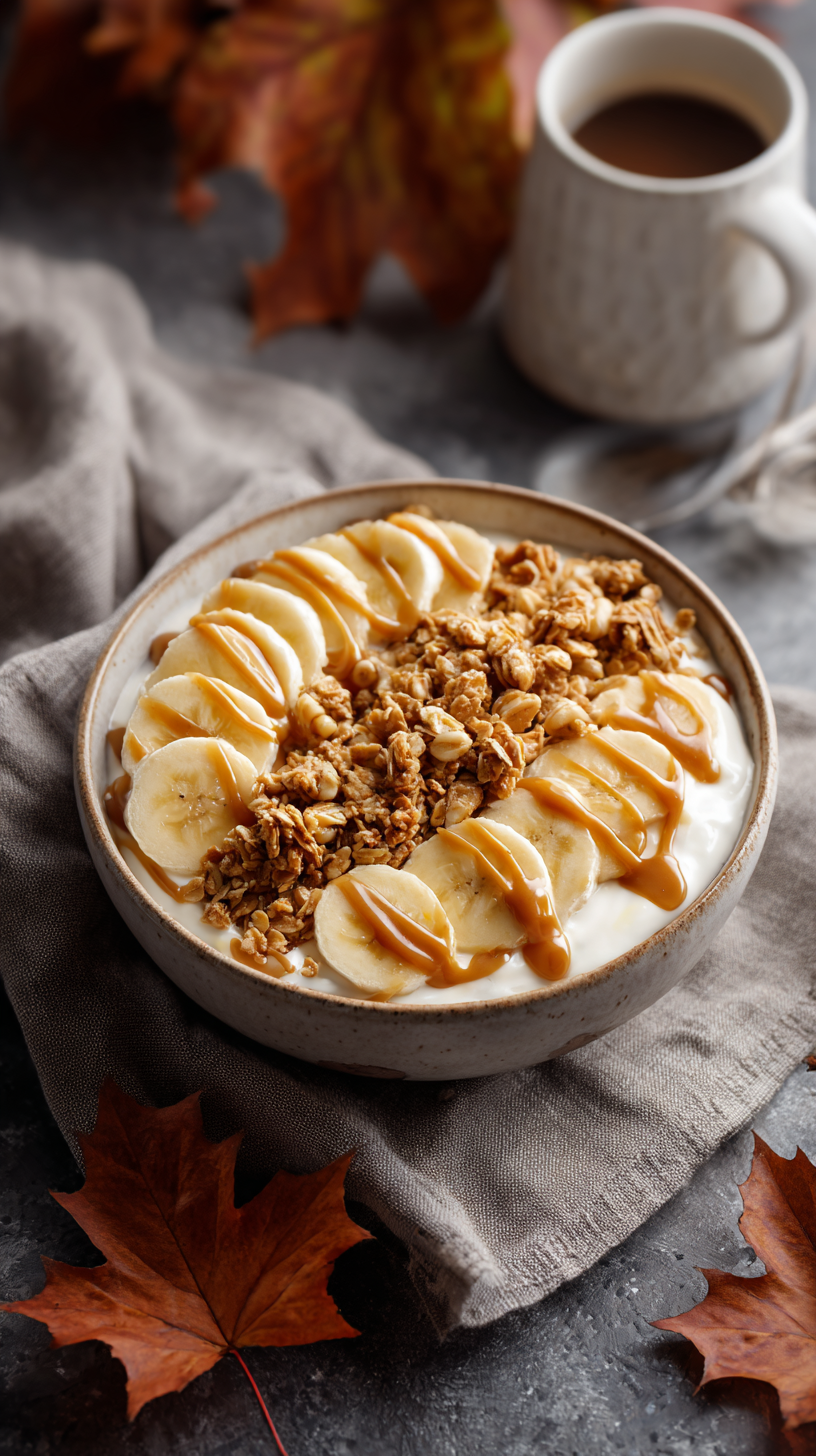 Salted Caramel Banana Yogurt Bowl being served on beautiful dinnerware