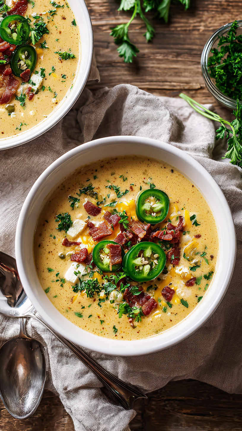 Spicy Jalapeño Popper Chicken Soup being served on beautiful dinnerware