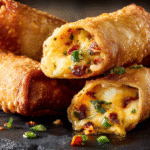 Spicy Jalapeño Popper Egg Rolls hero shot with golden, crispy edges and gooey, cheesy filling