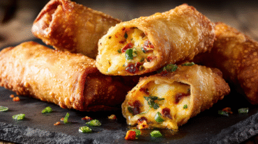 Spicy Jalapeño Popper Egg Rolls hero shot with golden, crispy edges and gooey, cheesy filling