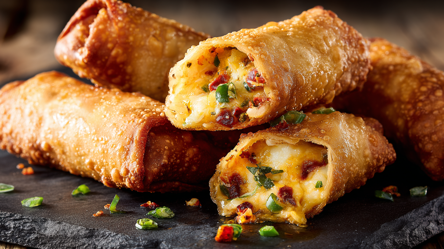 Spicy Jalapeño Popper Egg Rolls hero shot with golden, crispy edges and gooey, cheesy filling