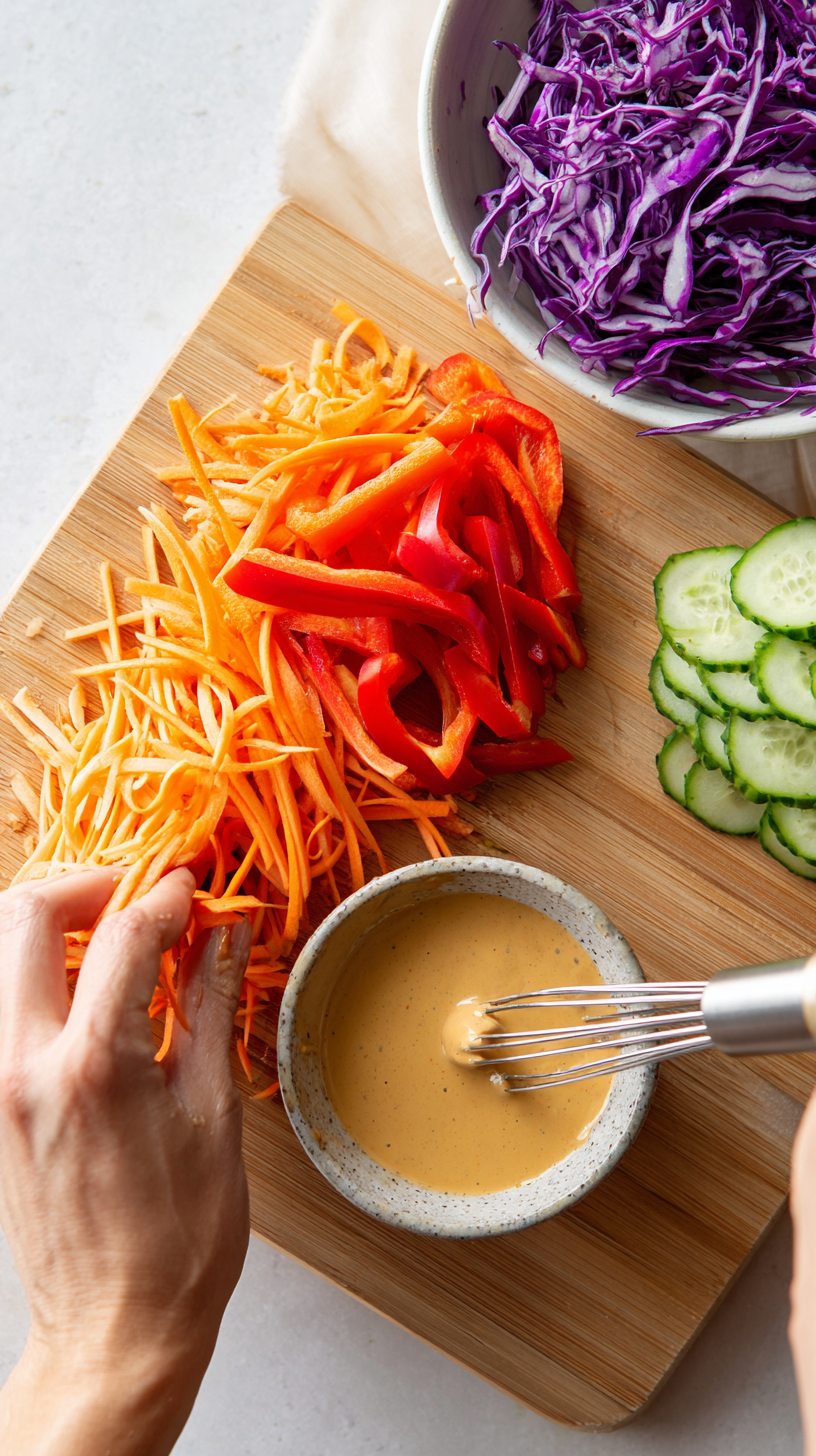Preparing Spring Roll Salad with Peanut Sauce step by step cooking process