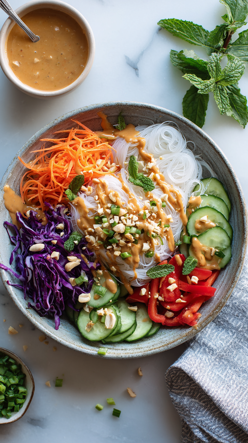 Spring Roll Salad with Peanut Sauce being served on beautiful dinnerware