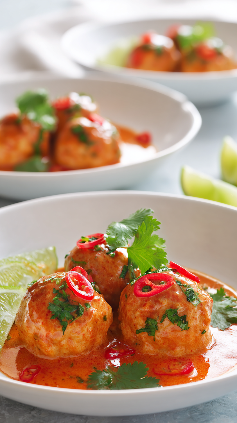 Thai Red Curry Turkey Meatballs being served on beautiful dinnerware