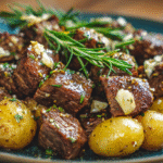 Crockpot Garlic Butter Beef Bites & Potatoes hero shot of the finished dish