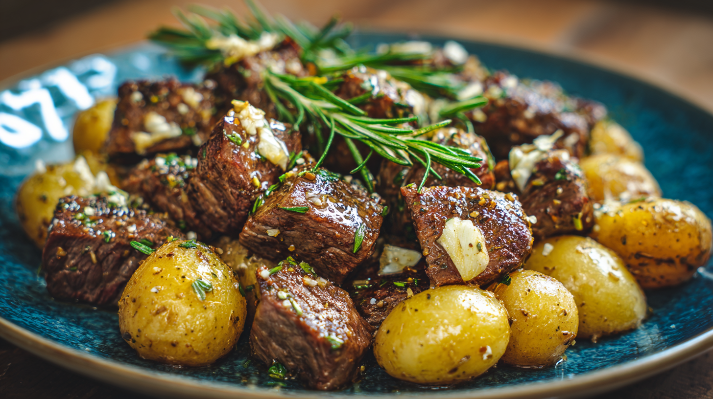 Crockpot Garlic Butter Beef Bites & Potatoes hero shot of the finished dish