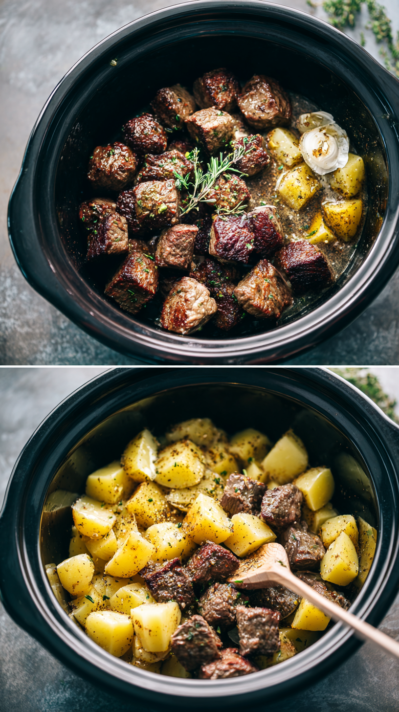 Preparing Crockpot Garlic Butter Beef Bites & Potatoes step by step cooking process