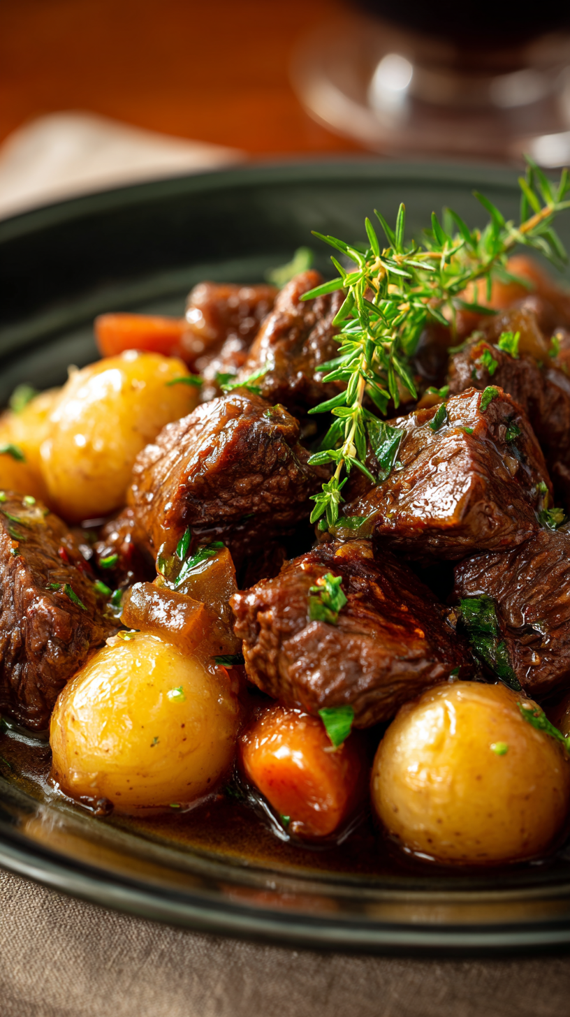 Crockpot Garlic Butter Beef Bites & Potatoes being served on beautiful dinnerware