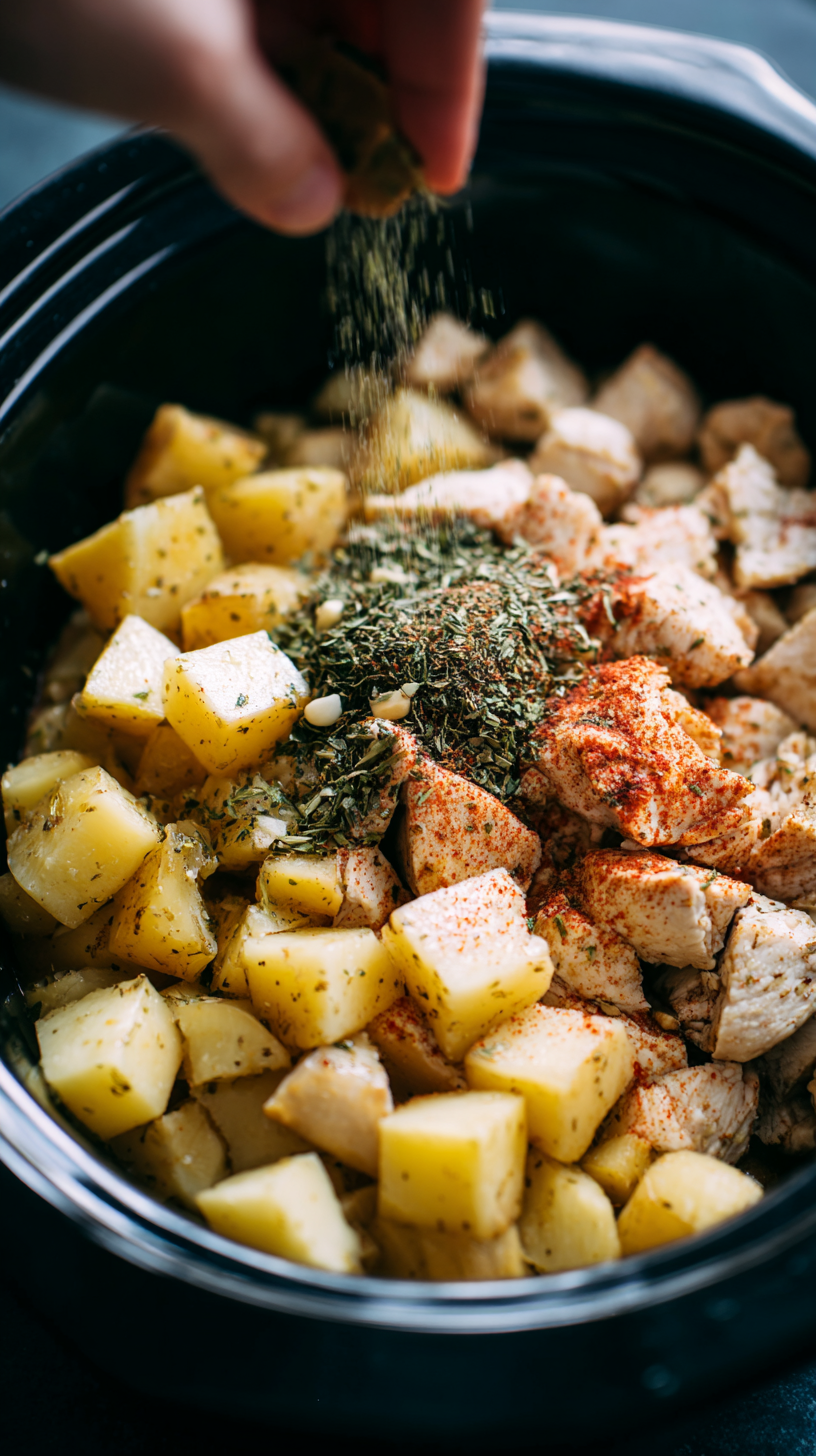 Preparing Garlic Parmesan Crockpot Chicken & Potatoes step by step cooking process