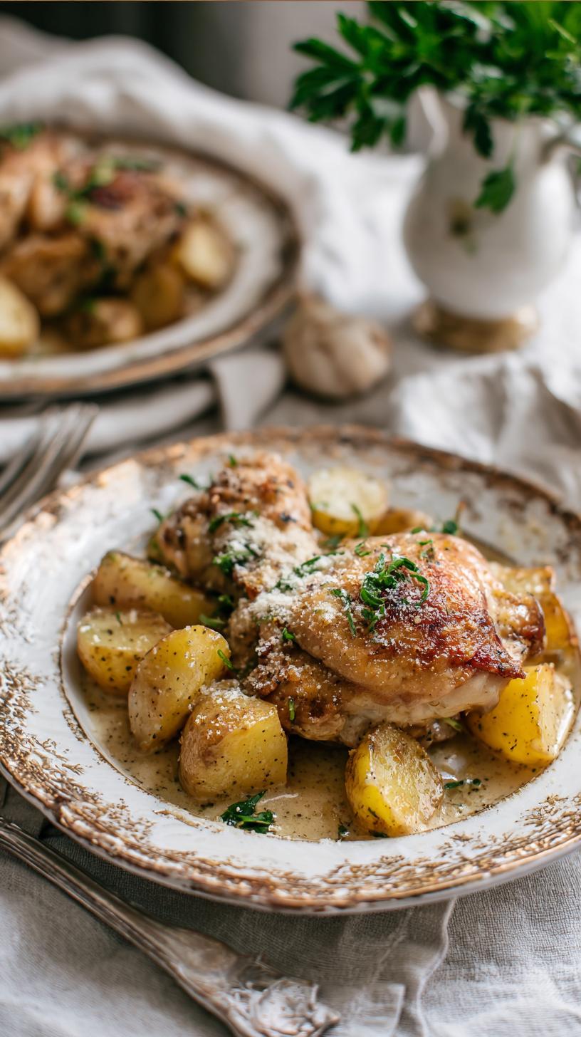Garlic Parmesan Crockpot Chicken & Potatoes being served on beautiful dinnerware