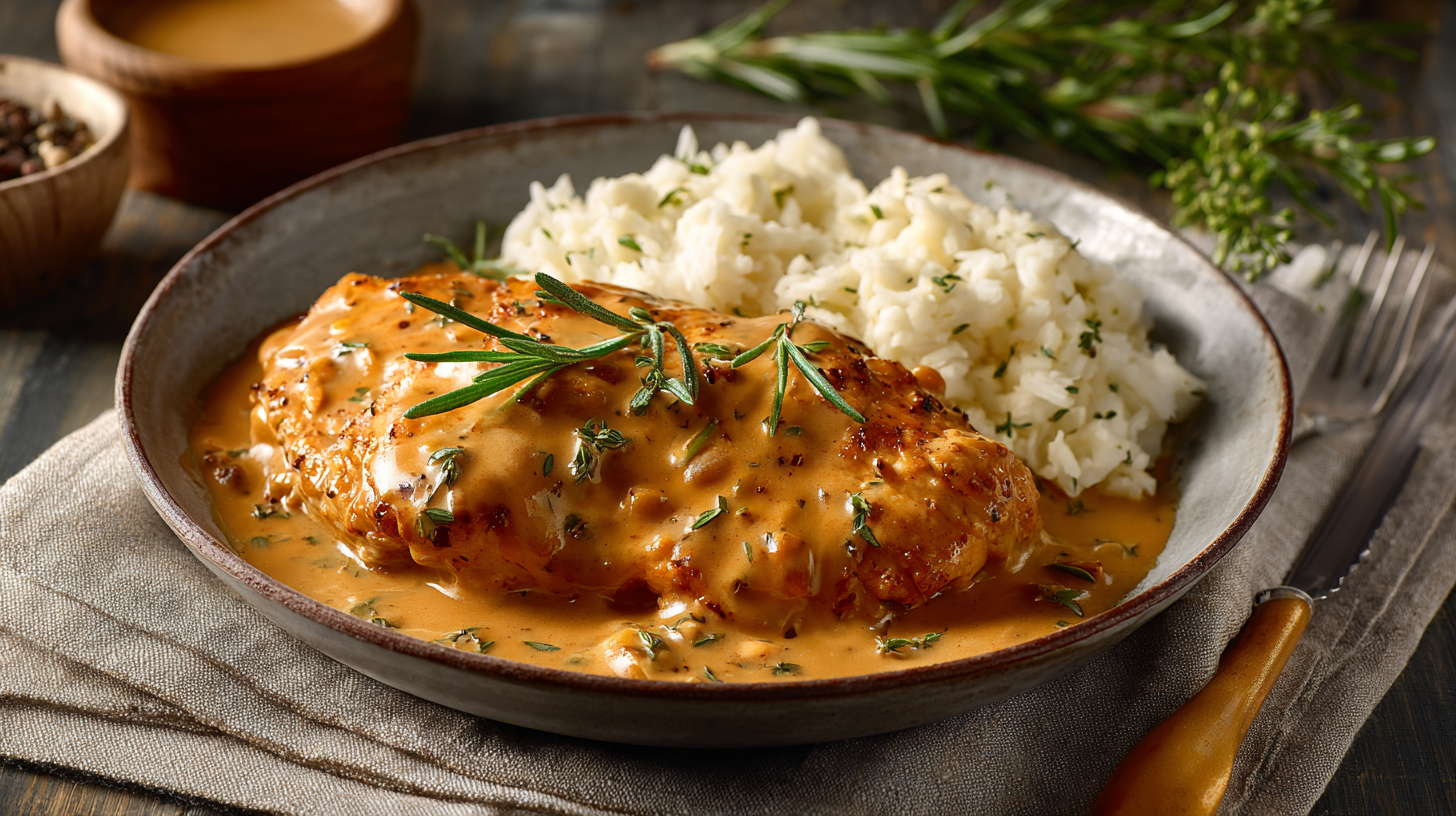 Hero shot of Ranch Chicken and Gravy with creamy gravy and cheesy mashed potatoes