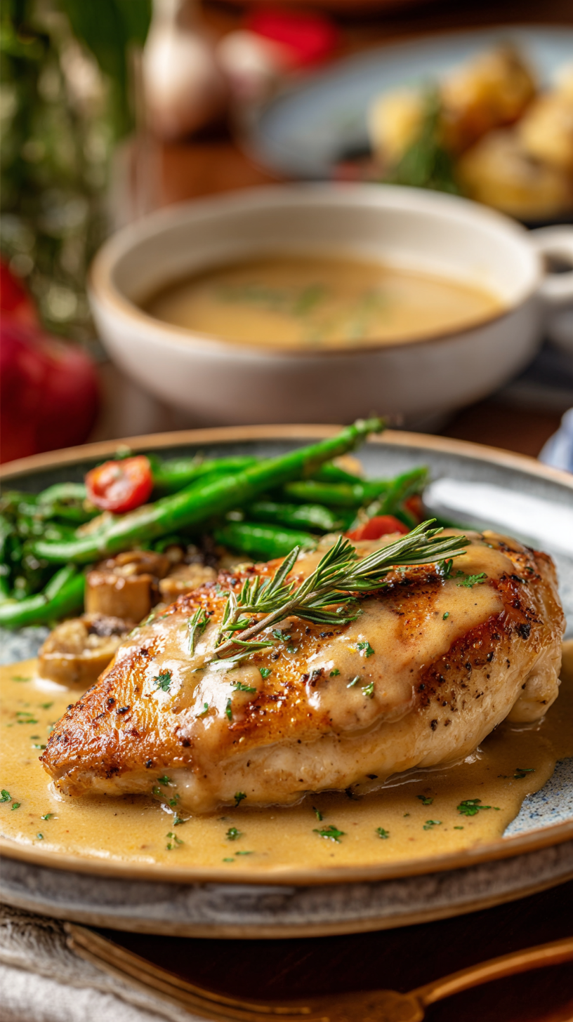 Ranch Chicken and Gravy being served on beautiful dinnerware