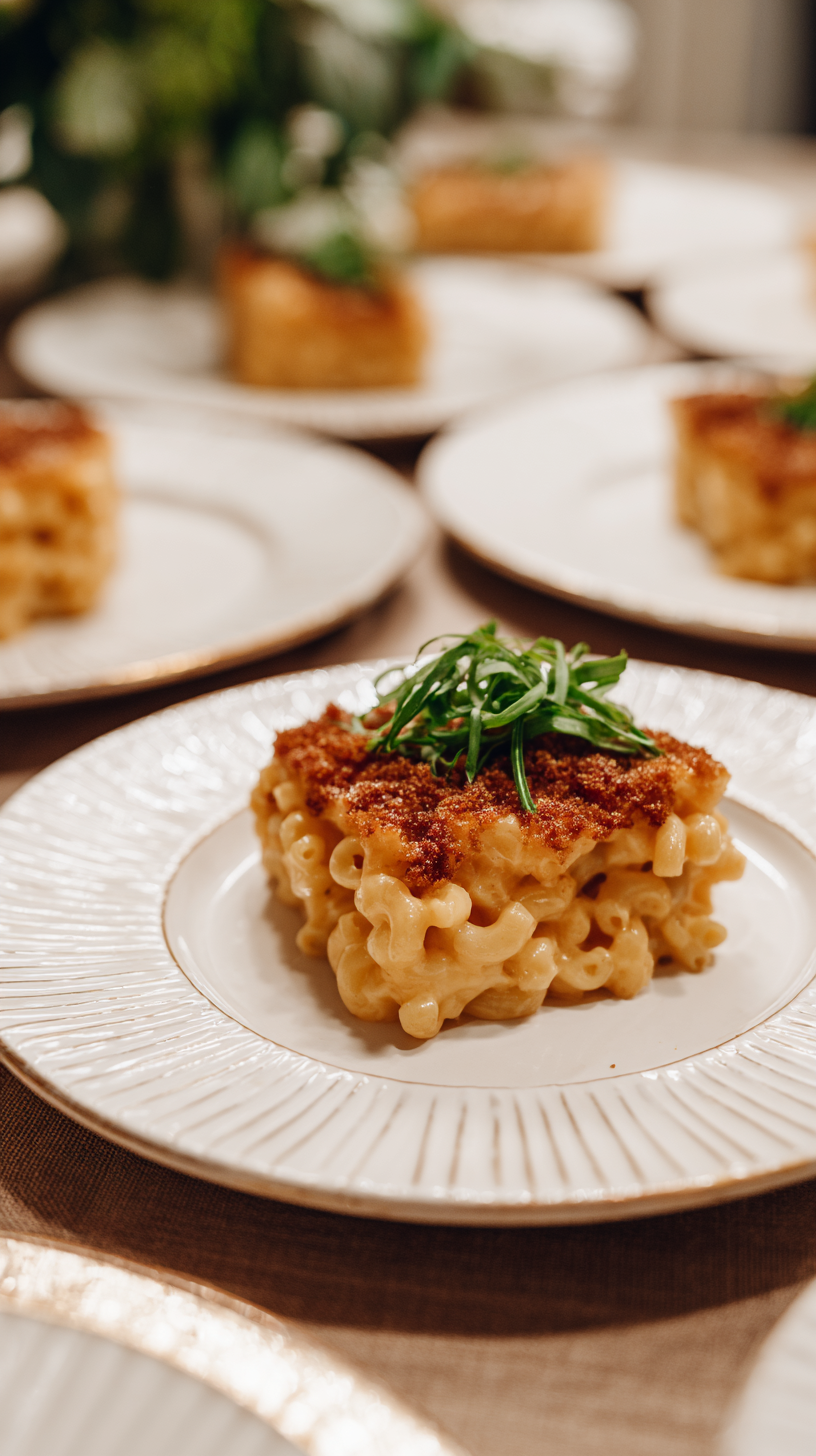 Viral TikTok Mac and Cheese being served on beautiful dinnerware
